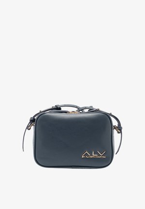 Borsa a tracolla rettangolare in pelle blu scuro con dettagli in oro. Caratterizzata da doppi manici e chiusura con zip. Logo impresso sul davanti.