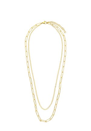 Double-layered gold necklace with one chain featuring large oval links and the other a smaller, delicate link chain with lobster clasp and extender.