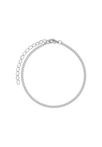 Bracciale in argento con maglie lisce intrecciate, chiusura a gancio e catena di estensione regolabile per una personalizzazione della vestibilità.
