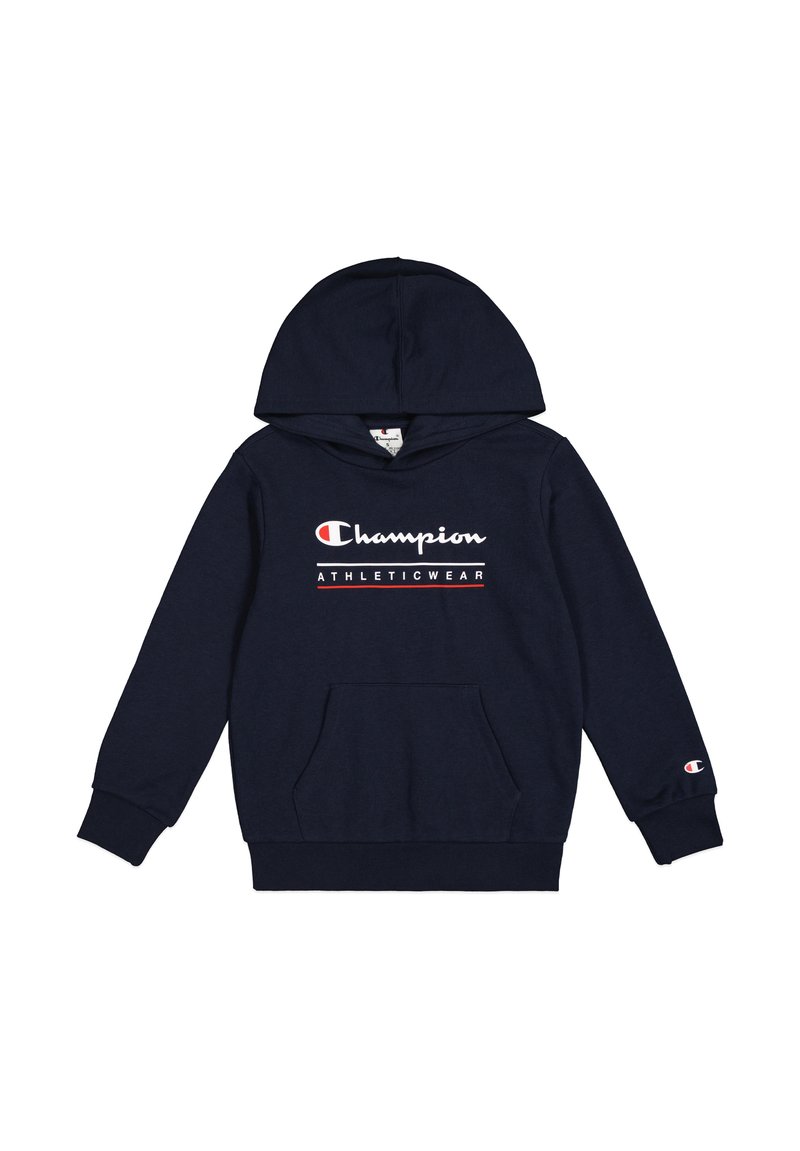 Felpa blu navy in cotone, con tasca a canguro, polsini a coste e logo "Champion" con dettagli rossi sul fronte.