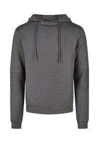 Grijze geribbelde hoodie met lange mouwen, trekkoorden en gestikte elleboogstukken, weergegeven op een witte achtergrond.