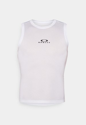 Bílé síťované bezrukávové tričko s kulatým výstřihem, s černým logem na přední straně. Tkanina má strukturovaný, prodyšný vzhled.