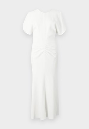 Weißes Kleid mit kurzen fließenden Ärmeln, strukturierter Raffung auf der Rückseite, ausgestelltem Saum und glattem Stoff. Einfaches, elegantes Design.
