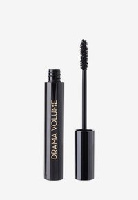 Tubo di mascara nero con finitura lucida, che presenta la scritta dorata "DRAMA VOLUME". Include un applicatore lungo e sottile con setole corte.
