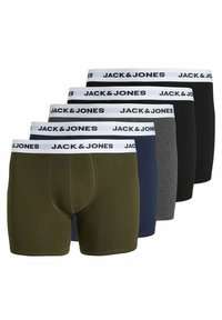 Fem par kalsonger i olivgrön, marinblå, grå, svart och mörkblå, med elastiska midjeband som har "JACK & JONES"-logotyp i vitt.