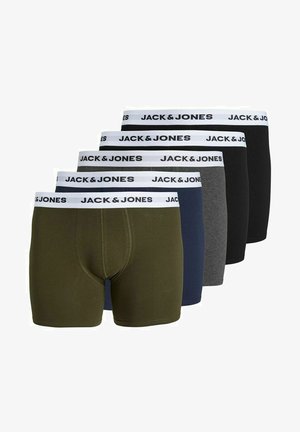 Fünf Paar Boxershorts in Oliv, Marineblau, Grau, Schwarz und Dunkelblau, mit elastischen Taillenbändern, die das weiße "JACK & JONES"-Logo tragen.