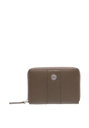 Brown leather wallet with textured and smooth panels, rounded zip closure, and metal logo accent on the front.
