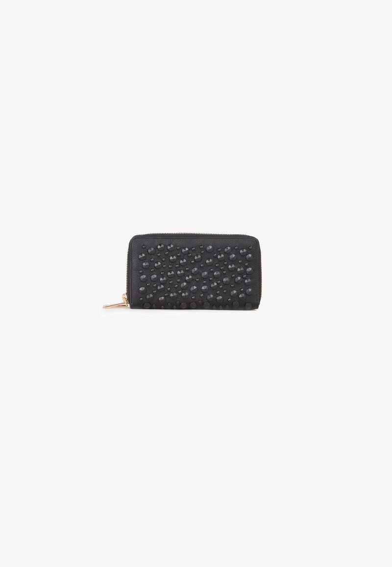 Black wallet with a textured surface covered in various shaped studs, features a zip closure, and a gold-tone zipper pull.
