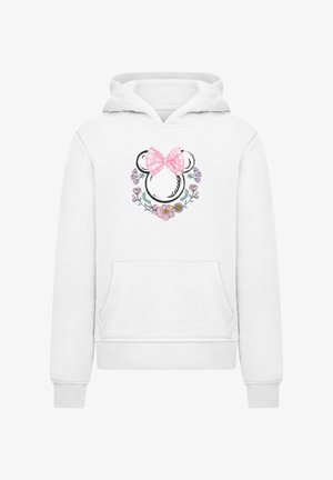 Biała bluza z kapturem z ilustracją niedźwiedzia w różowej kratce oraz kwiatowymi akcentami. Posiada kieszeń z przodu i sznurki do ściągania kaptura.