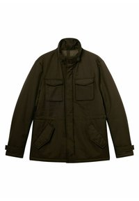 Giacca zip-up verde scuro con un colletto alto, due tasche sul petto e due tasche laterali, con cuciture a vista e una texture liscia.