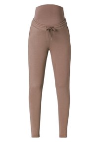 Graviditetsleggings i en dämpad brun nyans, med hög midja, dragsko och ett mjukt, stretchigt tyg för komfort.