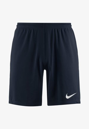 Pantalones cortos atléticos azul marino hechos de una tela ligera, con una cinturilla elástica y un logo blanco de Nike en la parte inferior de la pierna derecha.