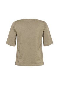 Top de punto beige de manga corta con un brillo sutil y un escote redondo, mostrado desde la parte trasera sobre un fondo blanco.