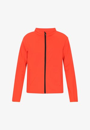 Giacca rossa realizzata in tessuto morbido, con colletto alto, zip frontale e tasche laterali. Maniche lunghe con design aderente.