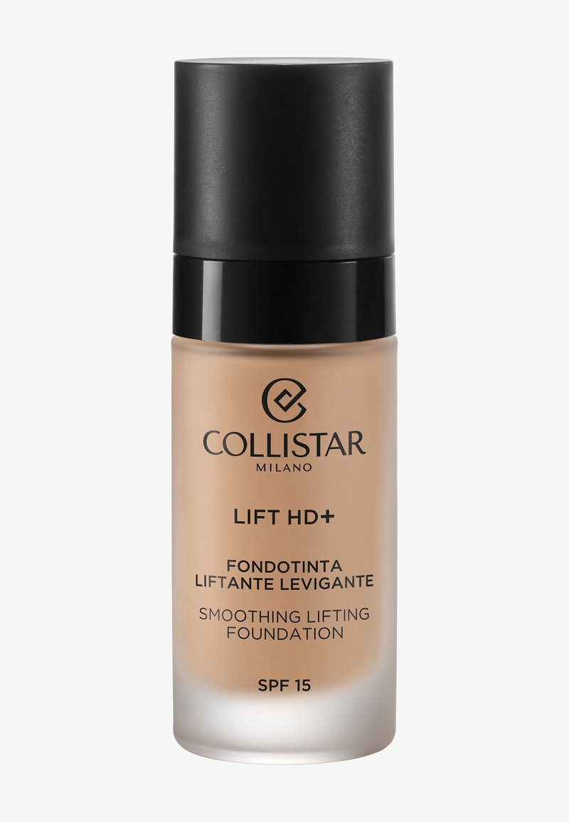 Flacon de fond de teint liftant lissant Collistar Milano Lift HD+ avec bouchon noir et SPF 15, liquide beige visible à l'intérieur.