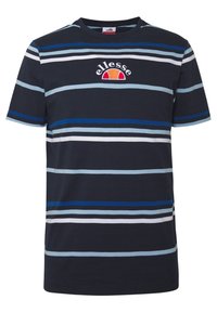 Camisa de rayas azul marino para hombre, con rayas horizontales en azul claro, blanco y azul oscuro, que presenta un logo bordado encima del dobladillo.