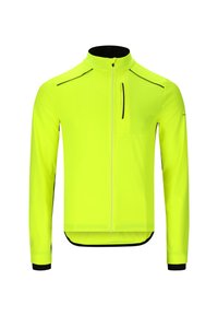 Kirjava neon-keltainen takki korkealla kauluksella, täysipitkä vetoketju ja mustat yksityiskohdat hartioissa ja hihoissa. Sileä, joustava kangas.