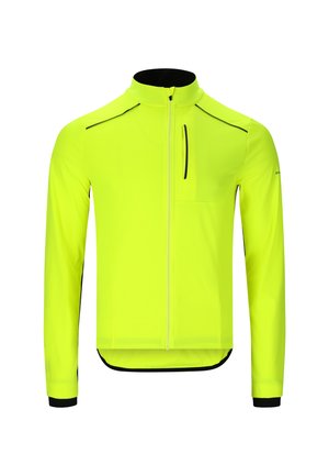 Lys neon gul jakke med høj krave, fuld frontlynlås og sorte accenter på skuldrene og manchetterne. Glat, strækbart stof.