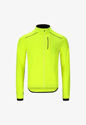 Lys neon gul jakke med høj krave, fuld frontlynlås og sorte accenter på skuldrene og manchetterne. Glat, strækbart stof.