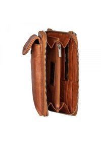 Brun læderpung åben for at vise lynlåslomme til småpenge, kortlommer og rum, med en trykknaplukning på siden.