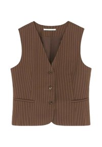 Gilet marron à fines rayures verticales, col en V, fermeture à cinq boutons, deux poches avant, et une texture lisse. Correspond à la couture moderne.