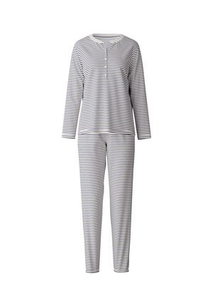 Gestreepte pyjama's met lange mouwen en een broek, gemaakt van zachte stof, met een ronde halslijn en een knoopsluiting aan de bovenkant.