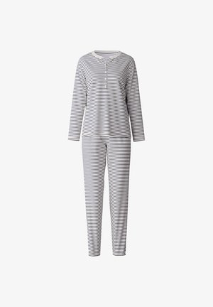 Striped pajamas featuring long sleeves and pants, made of soft fabric, with a round neckline and a button placket on the top.
