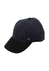 Dark blue herringbone patterned cap with a solid black curved brim and small round metal logo on the side.
