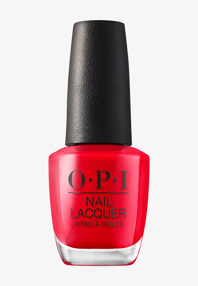 Rød OPI-neglelakflaske med sort låg og gennemsigtig bund, mærket "NAIL LACQUER" og "VERNIS À ONGLES."