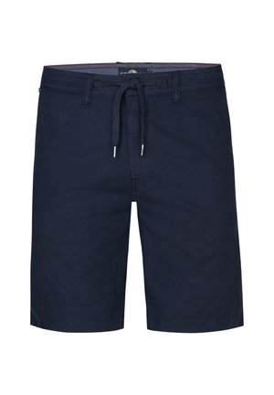 Granatowe szorty wykonane z lekkiego materiału, z elastycznym pasem na sznurek, prostym przodem i bocznymi kieszeniami. Gładka tekstura z minimalistycznym wzornictwem.
