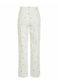 Jean droit blanc avec un petit imprimé marron en forme d'étoile dispersé et deux poches arrière.