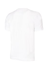 Camiseta de algodón blanca con cuello redondo, mangas cortas y una textura suave. La vista trasera muestra un diseño simple y discreto.