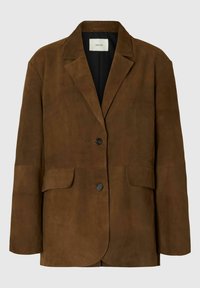 Blazer de ante marrón con solapa con muesca, cierre frontal con botones, dos grandes bolsillos y corte holgado. Forro interior negro.