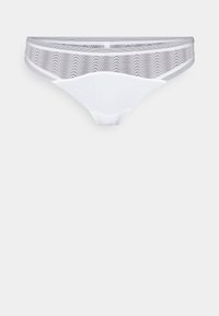 Weißer String mit einem durchsichtigen, gemusterten grauen Mesh-Bund. Glatter Stoff, minimalistisches Design, keine sichtbaren Beschläge oder Akzente.