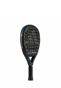 Black and blue padel racket featuring a textured surface with circular holes, a sturdy handle, and a streamlined shape for performance.