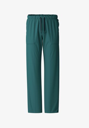 Teal, lichtgewicht broek met elastische tailleband en trekkoord; beschikt over twee zijzakken en naaddetails aan de voorkant.