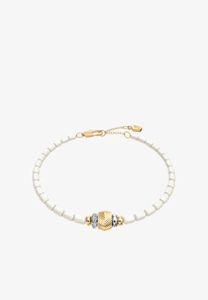 Bracelet with small white beads, a central gold textured bead, two gold spacer beads, a silver bead, and a gold clasp with a heart tag.