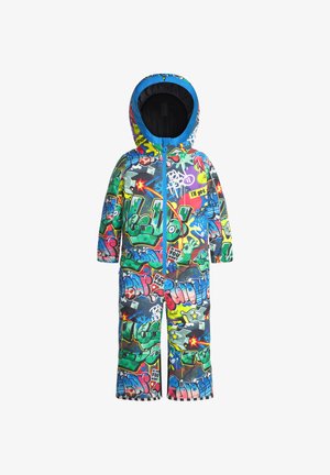 Combinaison de neige colorée avec un motif graffiti et une capuche, présentant des accents brillants de vert, bleu, rose et blanc, ainsi qu'une fermeture éclair à l'avant. Matériau imperméable.