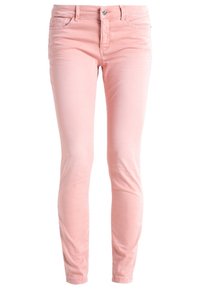 Růžové skinny džíny z bavlněné směsi s předními kapsami, zipem a poutky na opasek. Hladká textura s mírným leskem.