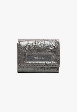 Metallic silver wallet with crinkled texture, rectangular shape, and a black glittery accent. Features a horizontal brand plaque.