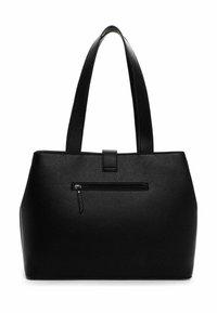 Bolso tote de cuero negro con superficie texturizada, dos asas largas, cierre superior y un bolsillo frontal con cremallera para mayor funcionalidad.