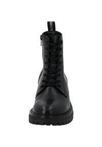 Botas de tobillo negras de cuero con cordones, punta redonda, acabado texturizado, cremallera lateral y una suela de goma duradera con un patrón de banda de rodadura.
