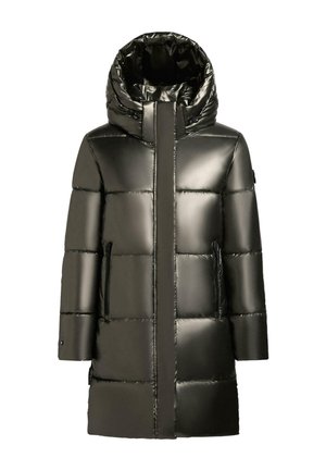 Parka căptușită din material lucios de culoare verde închis, cu guler înalt, închidere cu fermoar și buzunare laterale, având un design matlasat.