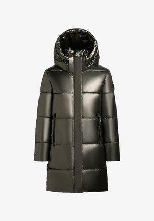 Gevoerde parka van glanzend donkergroen materiaal, met een hoge kraag, ritssluiting en zijzakken, voorzien van een gewatteerd ontwerp.