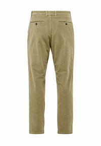 Olivgrüne Cord-Hosen mit slim fit, diagonalen Vorderaschen, zwei Gesäßtaschen mit schwarzen Knöpfen und einem flachen Bund.