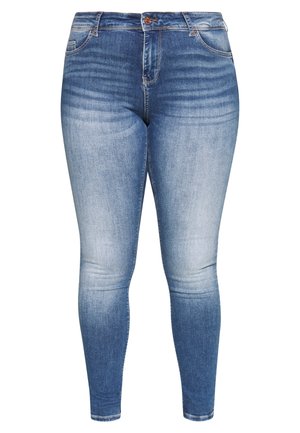 Blue denim skinny jeans with a high waist, featuring a faded wash, five pockets, and a button closure. Smooth texture and fitted design.
