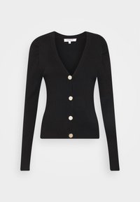 Černý žebrovaný kardigan s výstřihem do V, dlouhými rukávy a pěti zlatými tlačítky vpředu. Hladká textura s přiléhavým střihem.