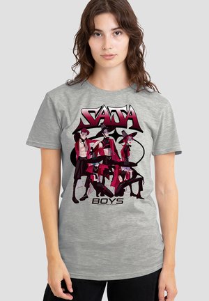 Gray cotton t-shirt featuring a graphic design of four characters in red outfits. Text reads "SATA BOYS" in bold, stylized letters.