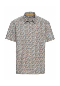 Korte mouwen shirt in blauw met een bloemenpatroon met oranje en groene accenten, knoopsluiting aan de voorkant en een klassieke kraag. Lichtgewicht stof.