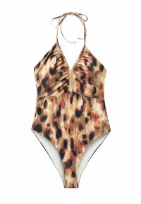 Maillot de bain une pièce à imprimé léopard dans des teintes de brun, orange et noir. Il présente un décolleté en V profond, des liens autour du cou et des détails froncés.